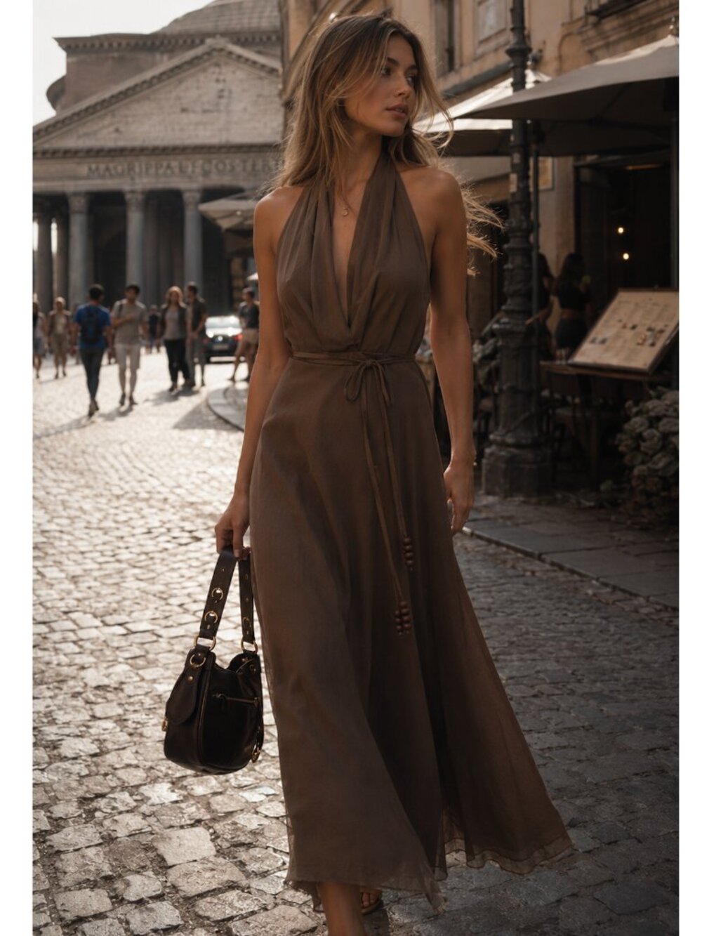 Zara Linen Blend Halter Midi Dress Brown NWT